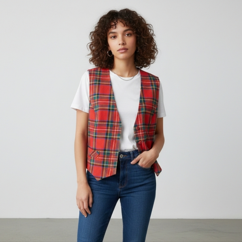 Surrey Classics Red Tartan Button Down Vest 100% wool
